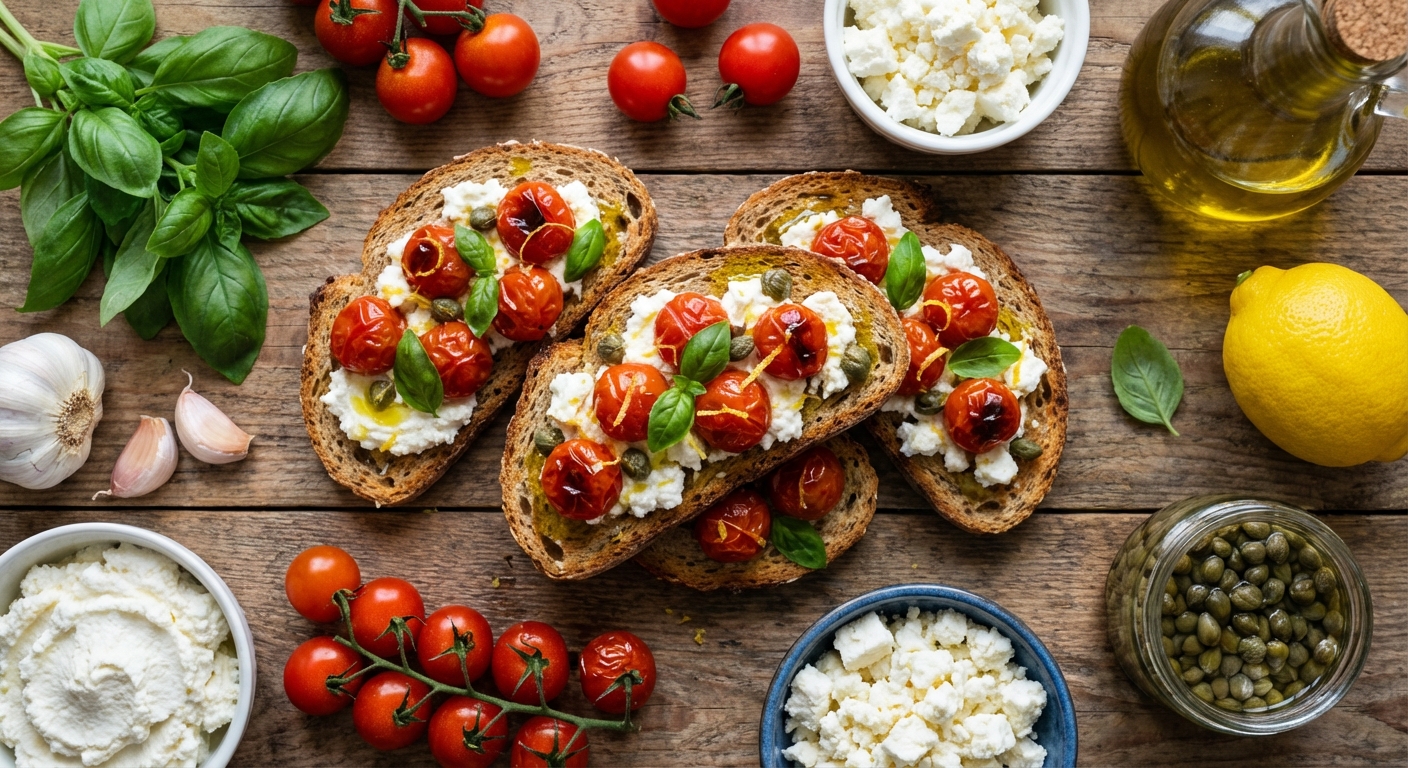 Тёплые кростини с запечёнными томатами и рикоттой 🍅🥖