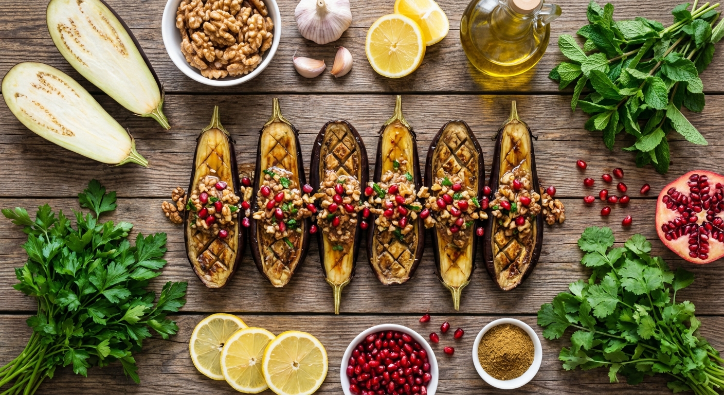 Тёплые баклажаны с орехово‑гранатовой заправкой 🍆🌰