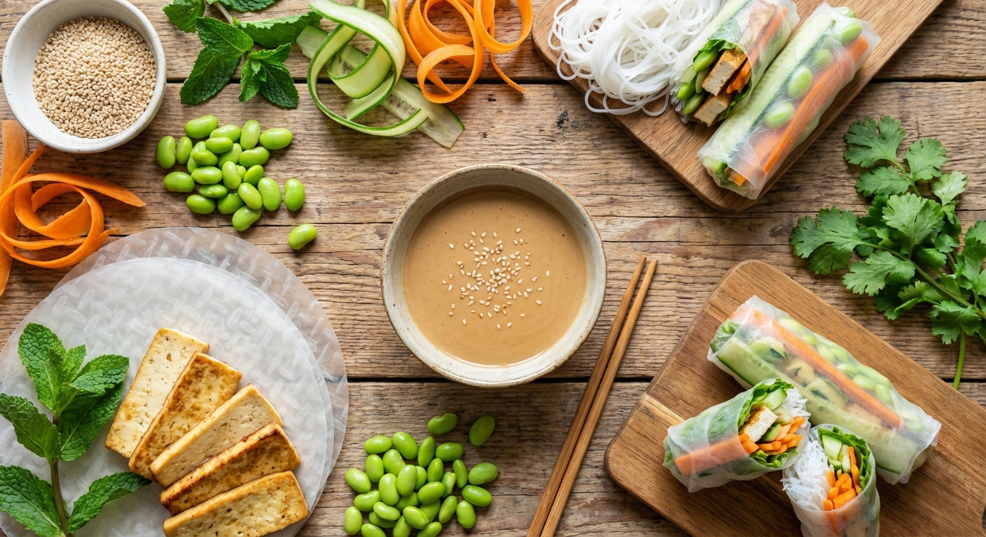 Свежие роллы с запечённым тофу и эдамаме 🥢🌿