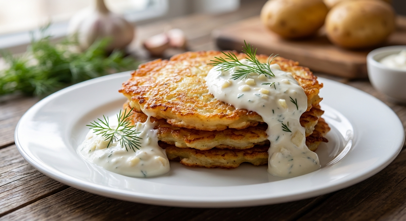 Золотистые деруны с чесночной сметаной 🥔🧄 — фото 3