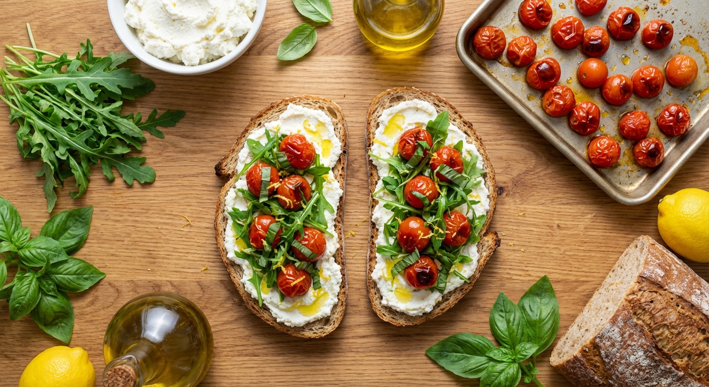 Рикотта-тосты с запечёнными черри и руколой 🌿🍅