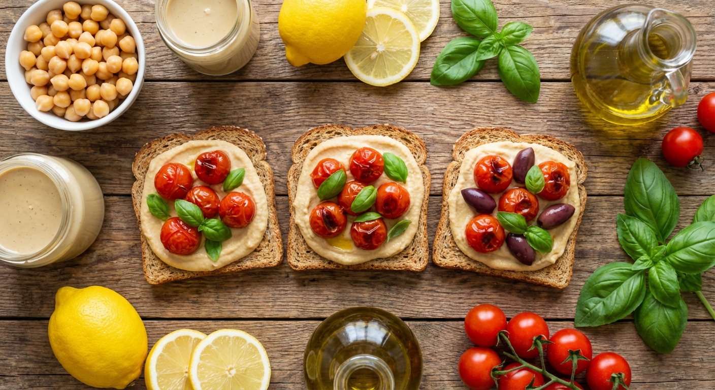 Средиземноморский утренний тост с хумусом и печёными томатами 🍅🥖