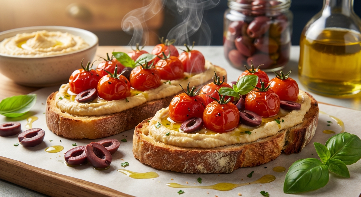 Средиземноморский утренний тост с хумусом и печёными томатами 🍅🥖 — фото 2