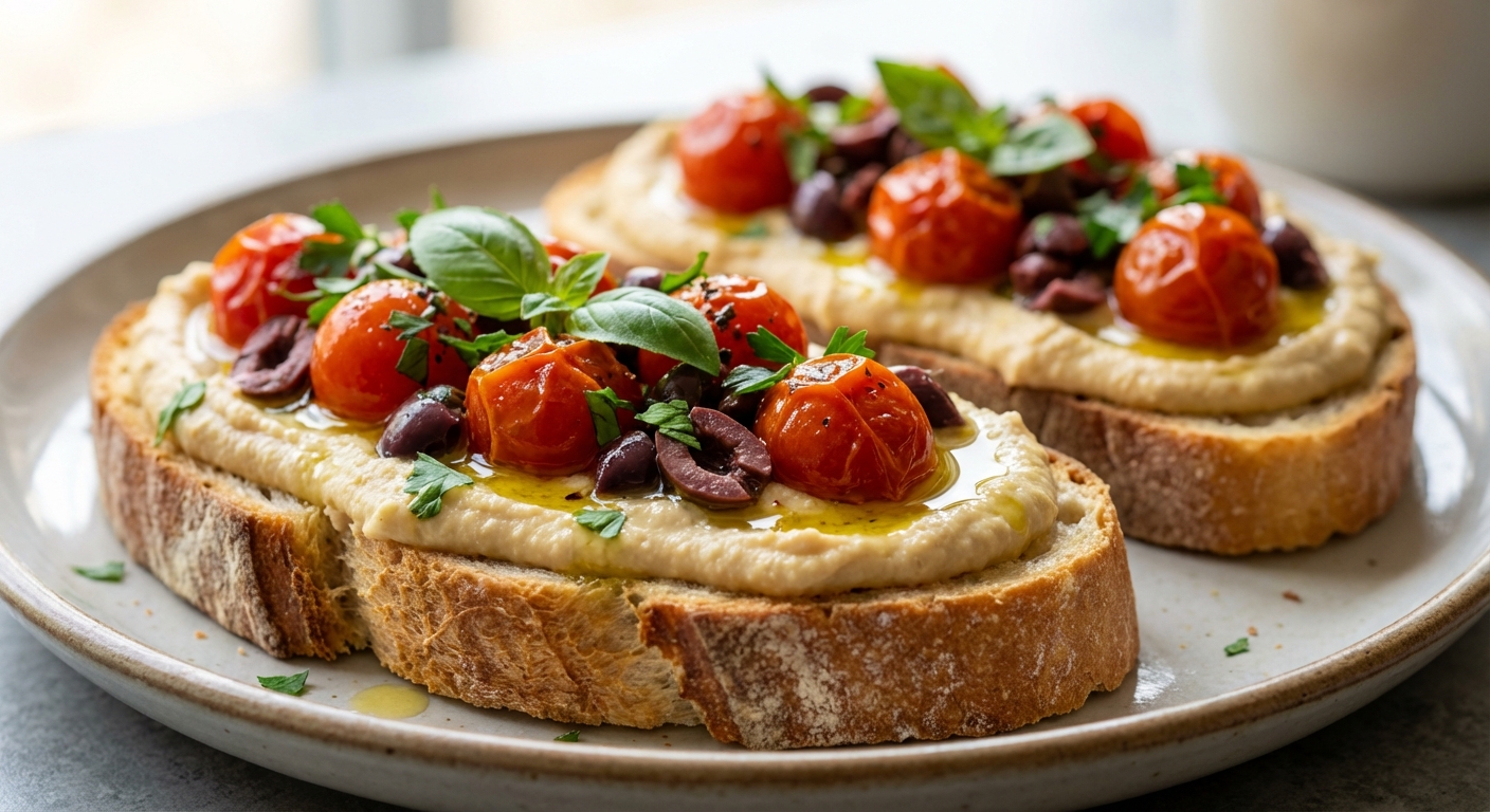 Средиземноморский утренний тост с хумусом и печёными томатами 🍅🥖 — фото 3