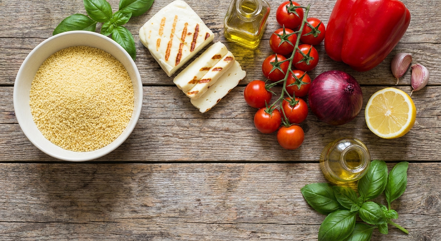 Кускус с хрустящим халлуми и томатным рагу 🧀🍅
