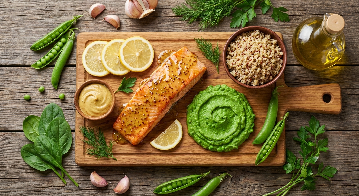 Лимонно-горчичный лосось с зелёным гороховым пюре 🐟🍋