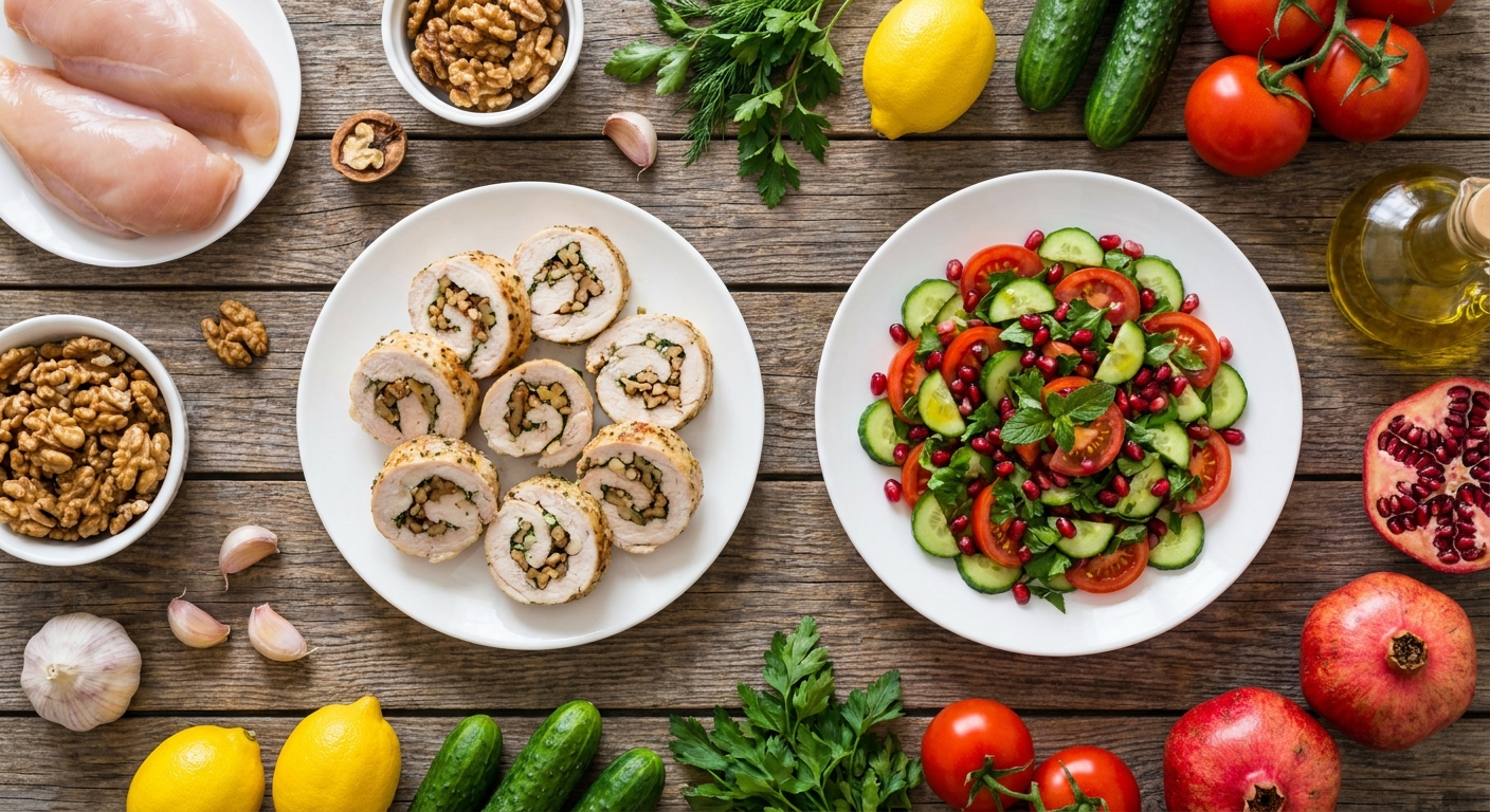 Ореховые рулеты из курицы с гранатовым салатом 🍗🌿