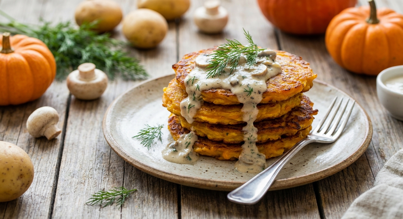 Деруны из тыквы и картофеля с грибным соусом 🥔🎃 — фото 3