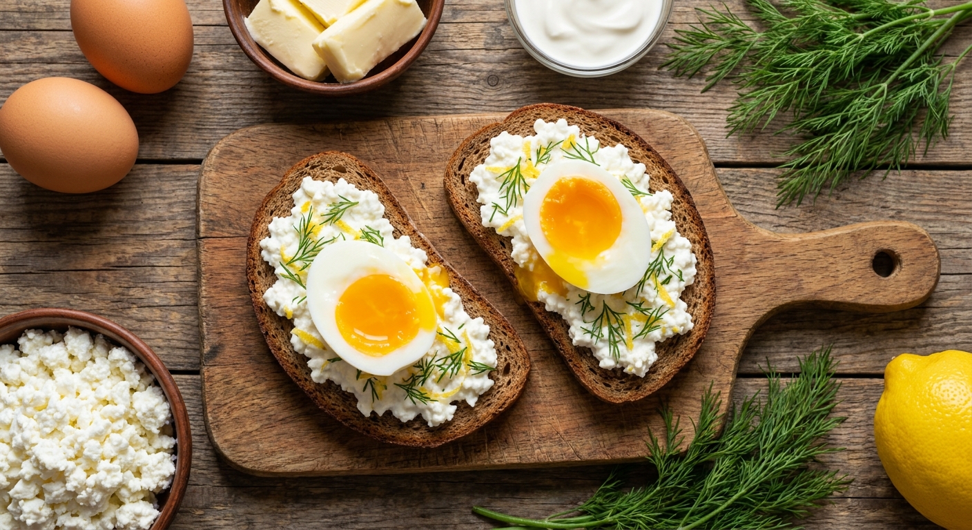 Тёплые ржаные гренки с творожным кремом и яйцом 🍞🥚🌿