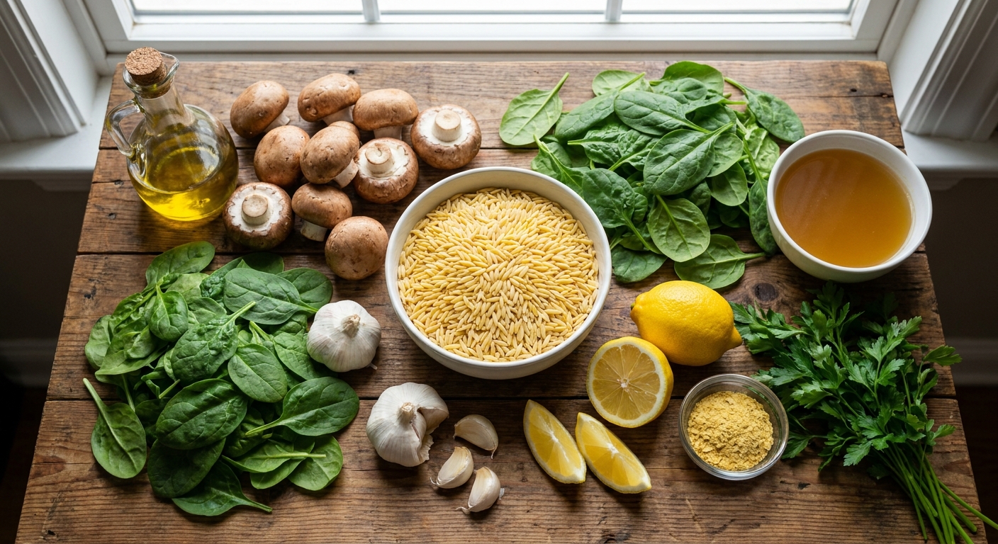 Тёплый орзо с грибами и лимонным шпинатом 🍋🍄
