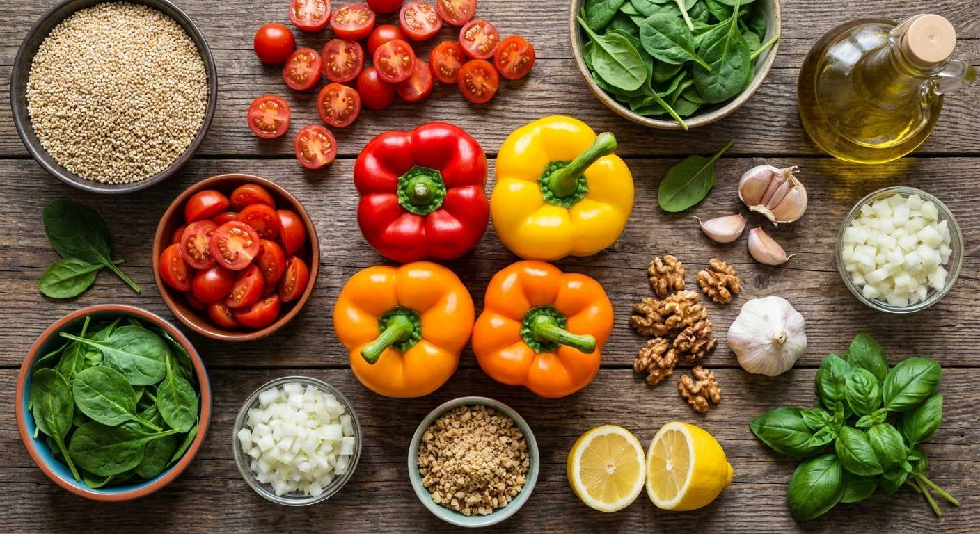 Фаршированные перцы с киноа и ореховым «пармезаном» 🌶️🌿