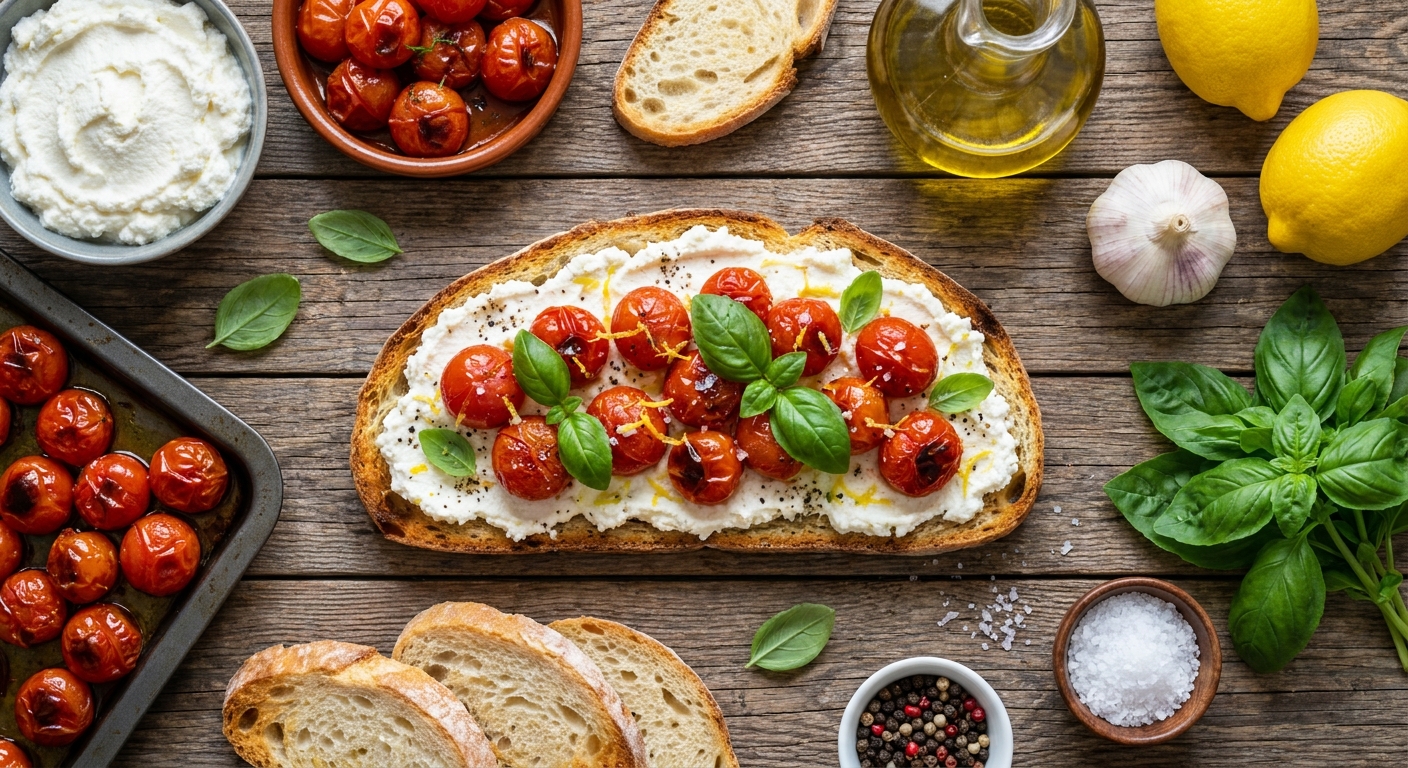 Тосканский тост с рикоттой и запечёнными томатами 🍅🥖