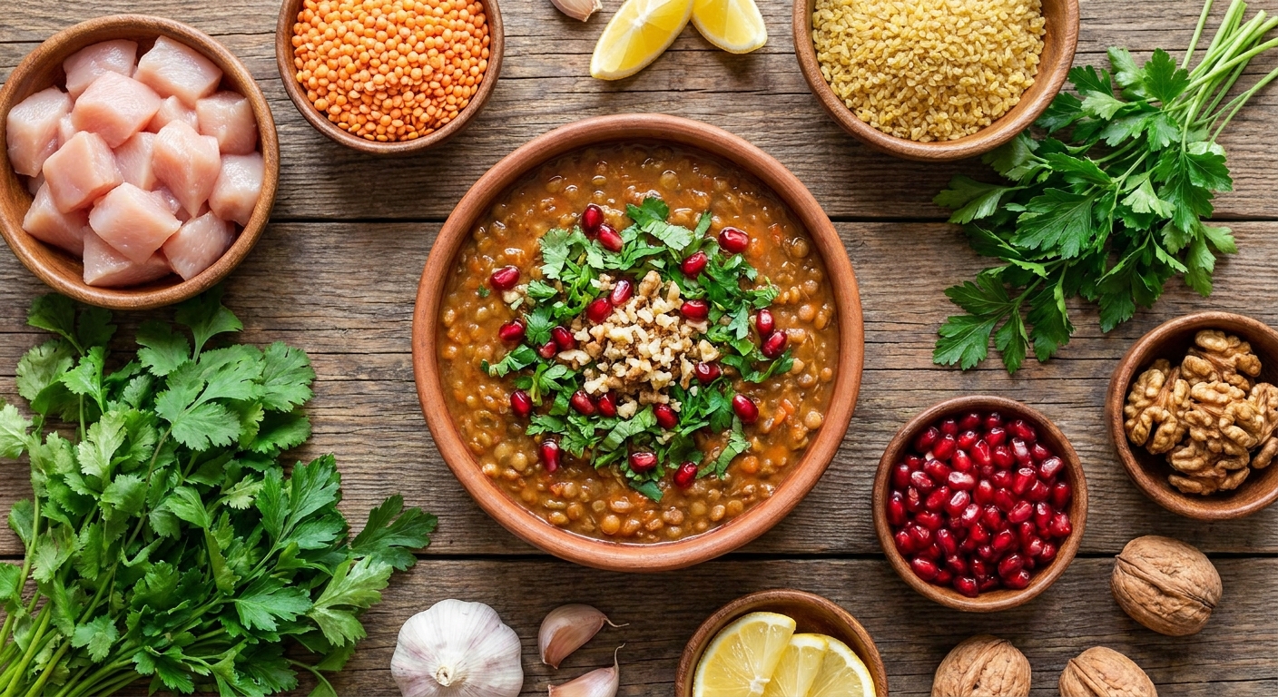 Горячая чечевица по‑кавказски с курицей и ореховым соусом 🥣🌿