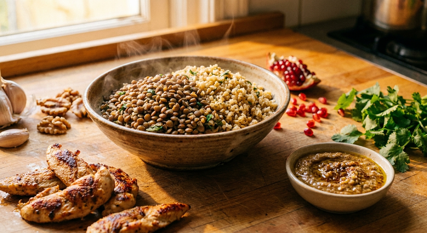Горячая чечевица по‑кавказски с курицей и ореховым соусом 🥣🌿 — фото 2