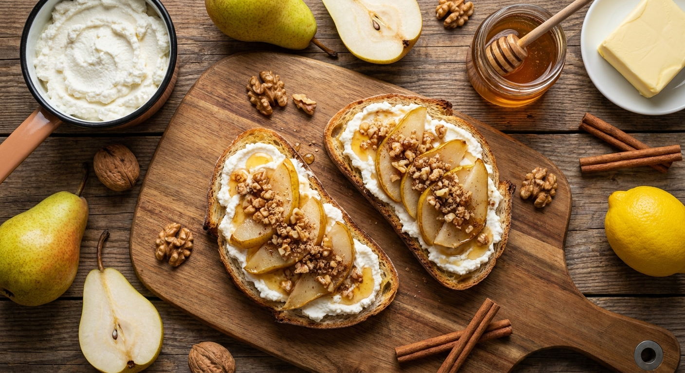 Рикотта-тосты с тёплой грушей и ореховым крамблом 🥖🍐