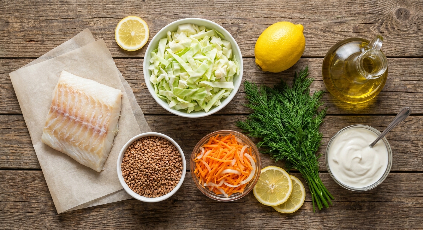 Треска с гречкой и тушёной капустой 🐟🌾