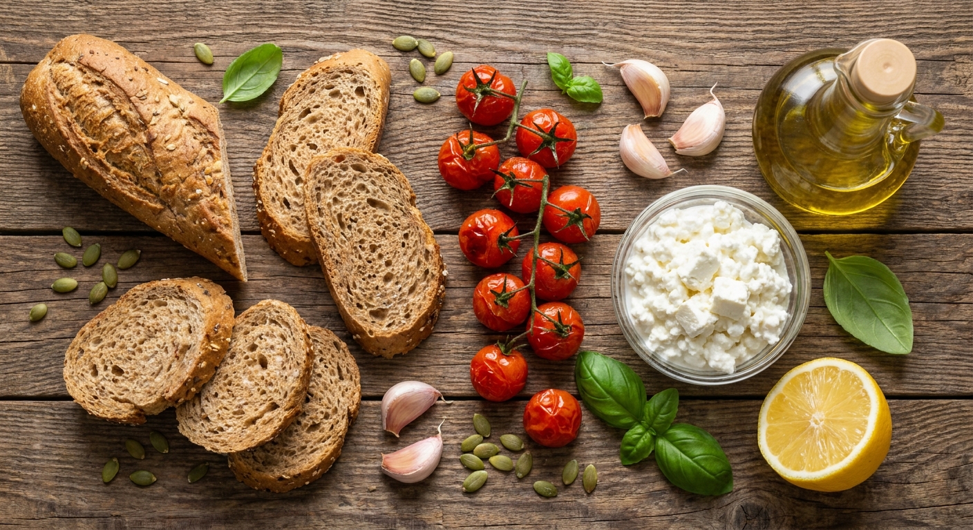Брускетты с творожно‑фетным кремом и печёными помидорами 🥖🍅