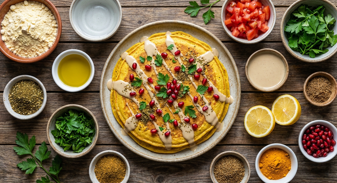 Нутовый омлет‑панкейк с гранатом и тахини 🥞🌿