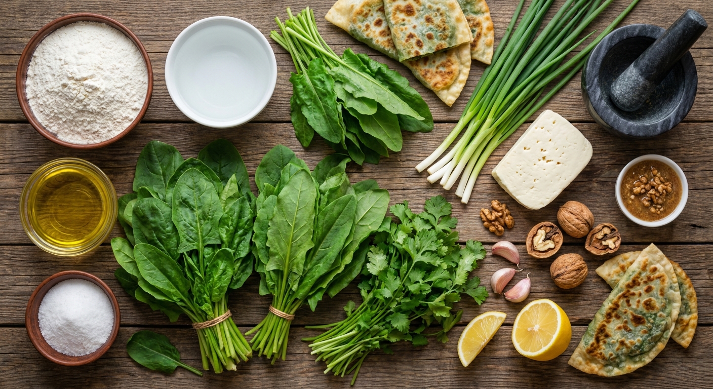 Зелёные кутабы с ореховым соусом 🌿🥟