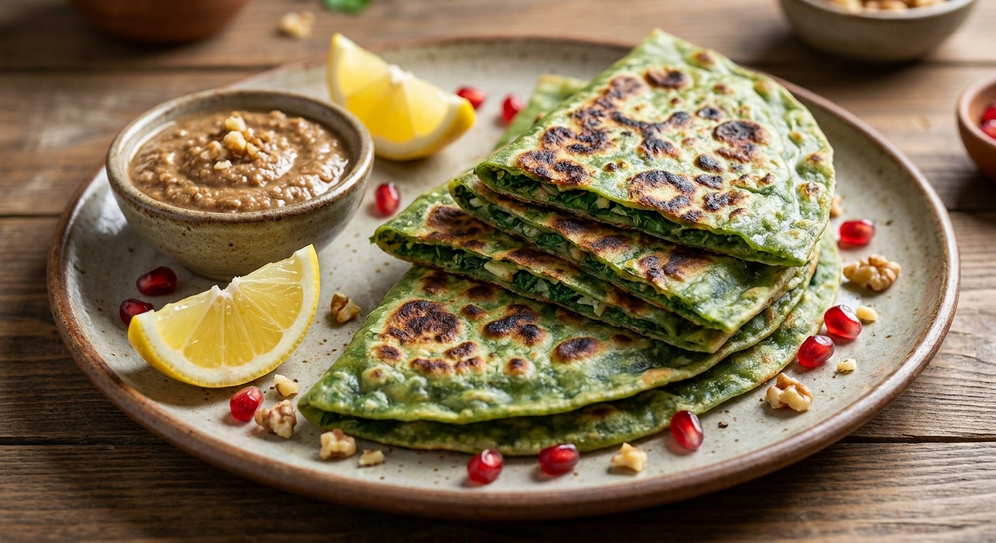 Зелёные кутабы с ореховым соусом 🌿🥟 — фото 3