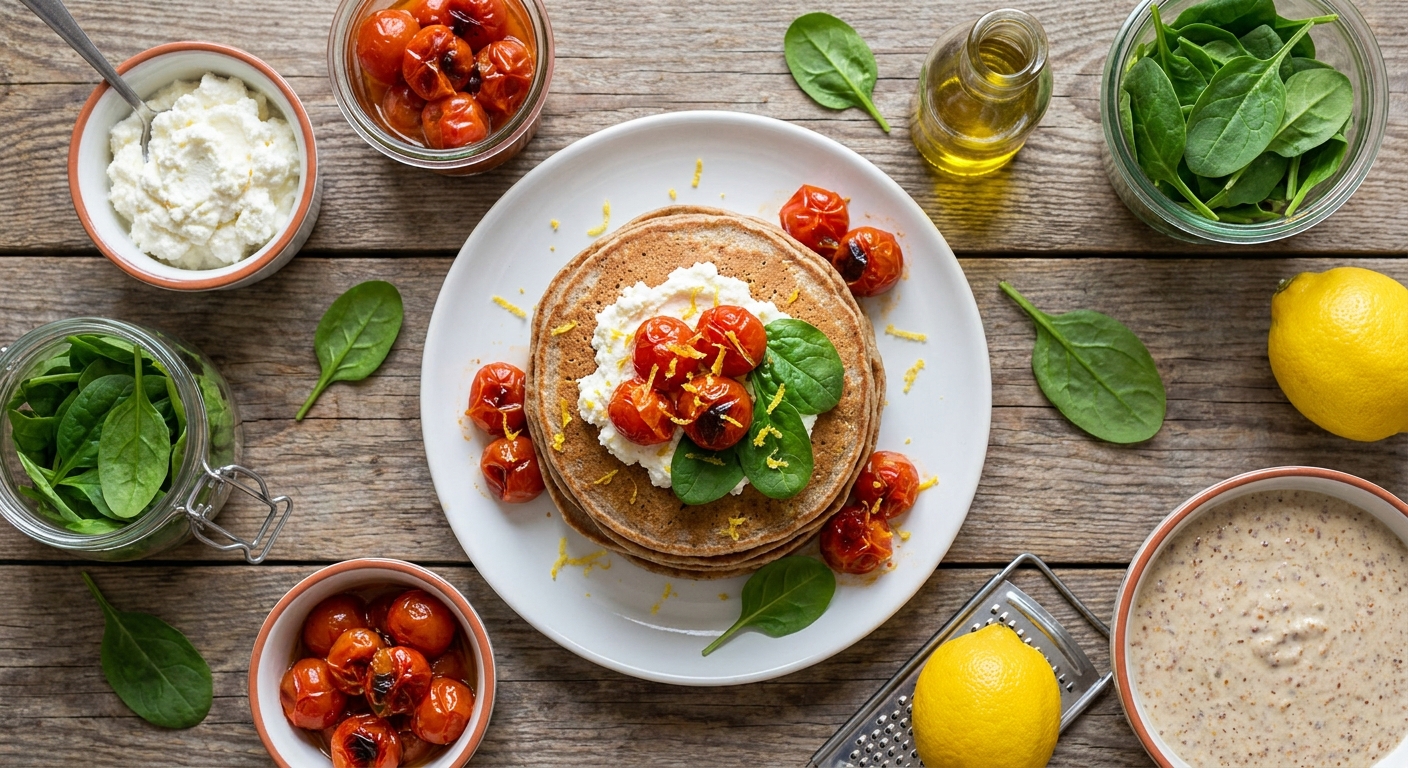 Цельнозерновые панкейки с рикоттой и тёплыми томатами 🥞🍅