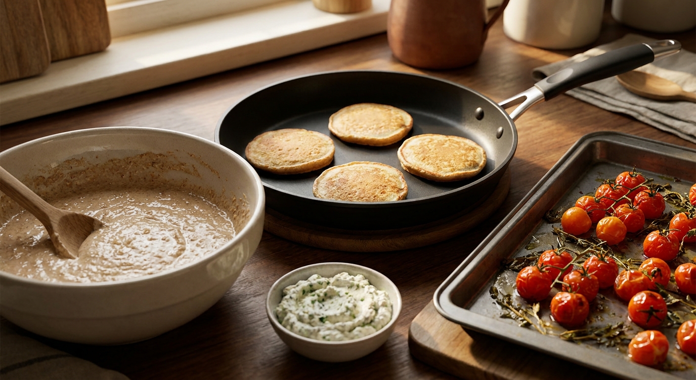 Цельнозерновые панкейки с рикоттой и тёплыми томатами 🥞🍅 — фото 2