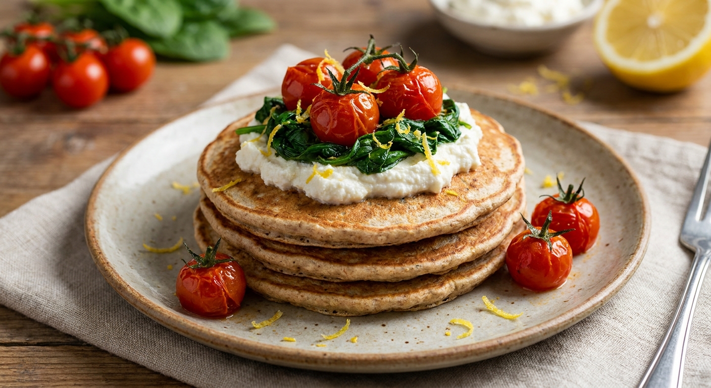 Цельнозерновые панкейки с рикоттой и тёплыми томатами 🥞🍅 — фото 3