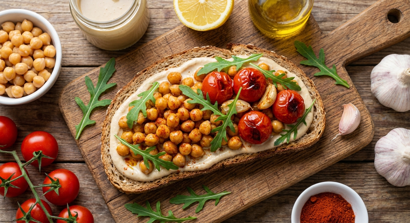 Средиземноморский тост с тёплым нутом и печёными томатами 🌿🍅
