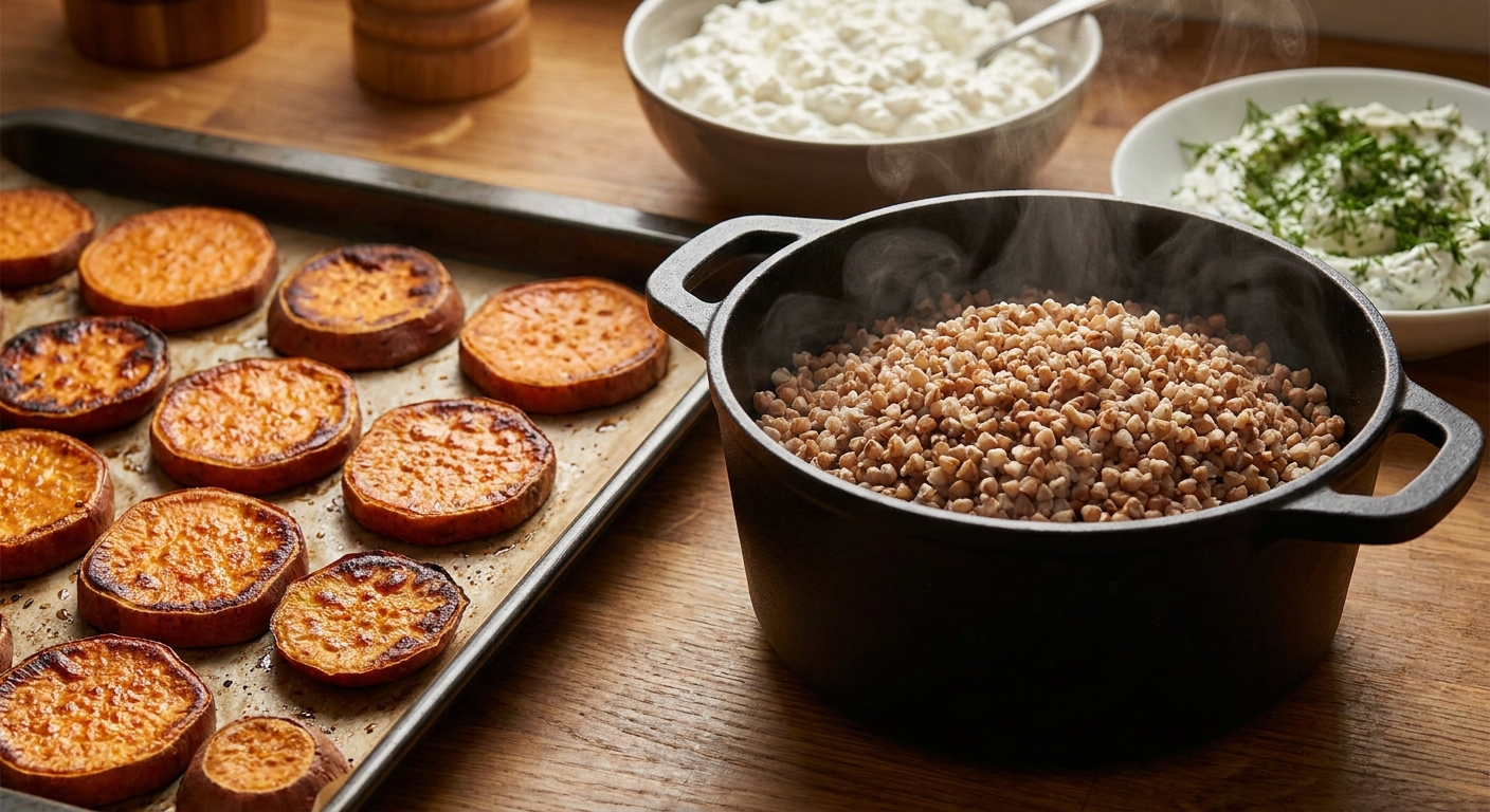 Тёплая тарелка гречки и батата с творожным муссом 🥣🍠 — фото 2