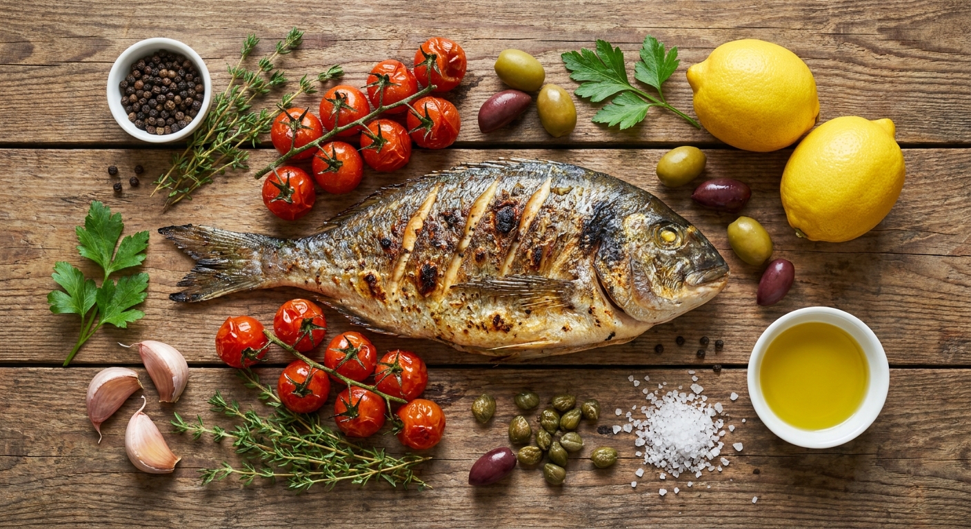 Средиземноморская дорада с лимоном и оливками 🍋🐟