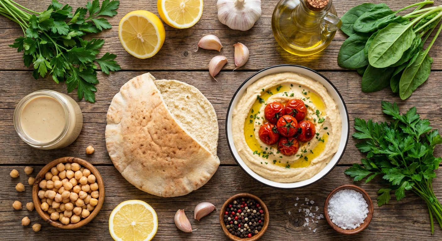 Пита с кремовым хумусом и запечёнными томатами 🍅