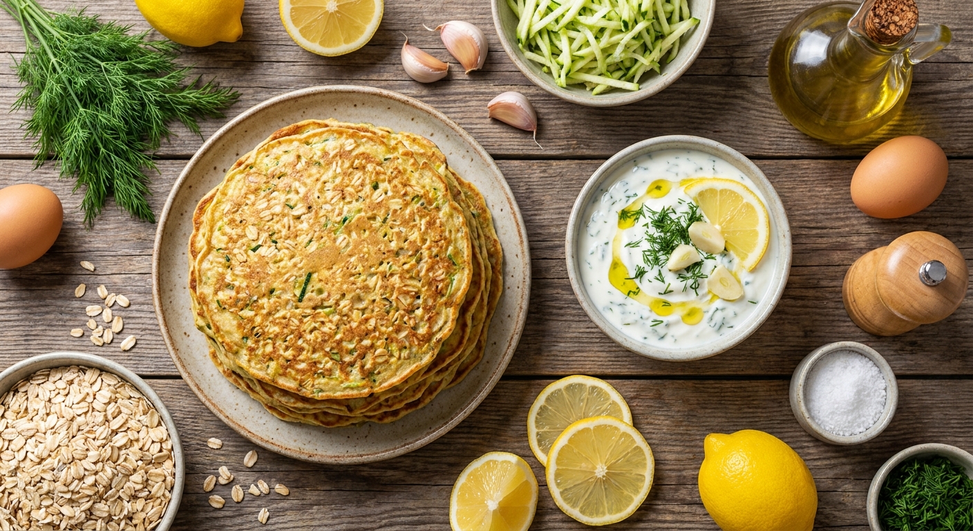 Овсяно-кабачковые блинчики с укропным йогуртом 🥒