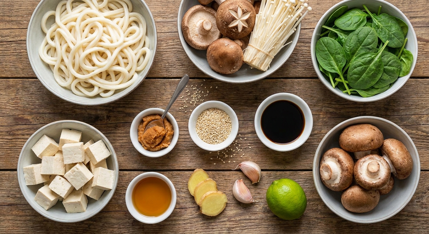Удон в кремовом мисо-соусе с тофу и грибами 🍜🌿
