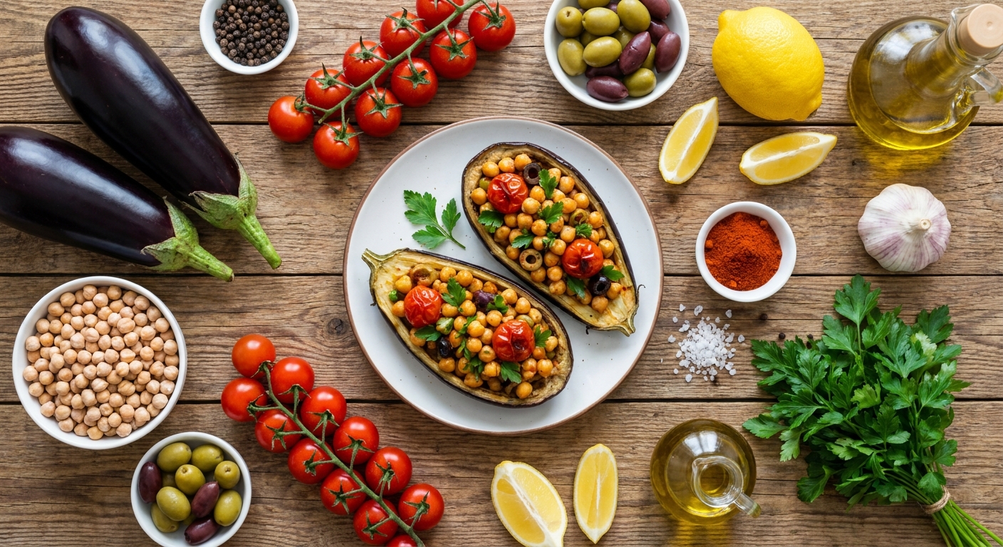 Баклажанные лодочки с тёплым нутовым салатом 🫒🍋