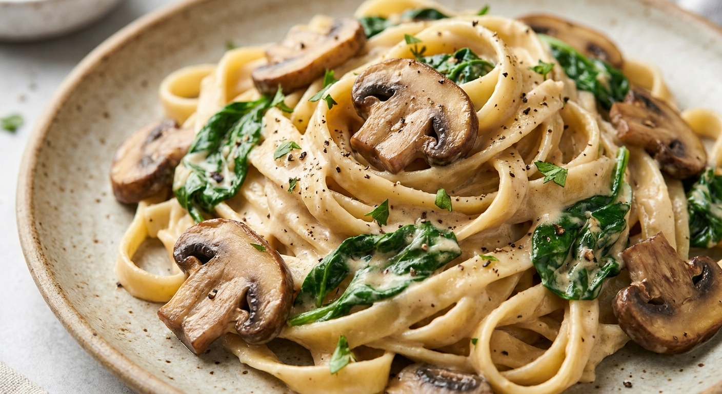 Паста в креме из кешью с шампиньонами и шпинатом 🍝