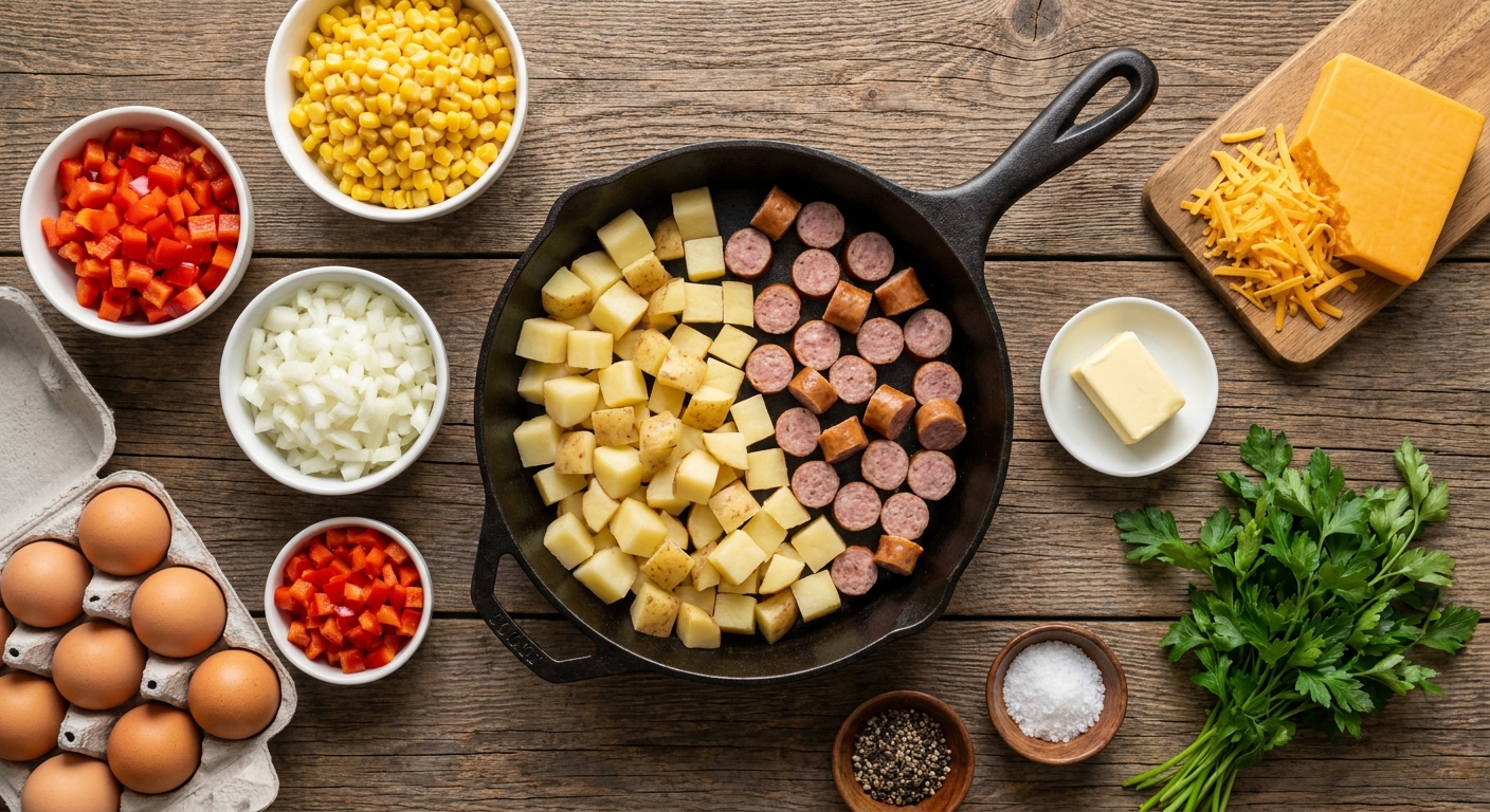 Кукурузно‑картофельный хэш с сосисками 🥔🌽