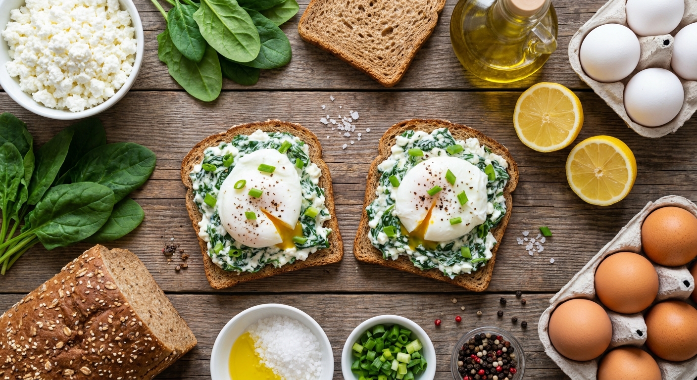 Тосты с творожно‑шпинатным кремом и яйцом пашот 🥚🌿