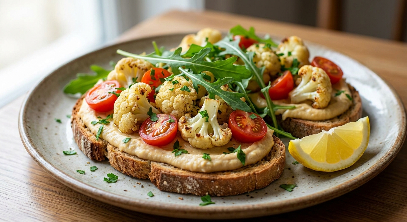 Тёплые тосты с хумусом и запечённой цветной капустой 🥖🌿