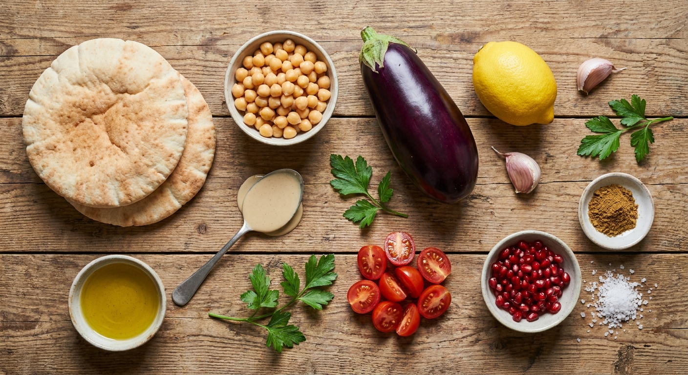 Мини‑питы с хумусом, печёным баклажаном и гранатом 🫓✨