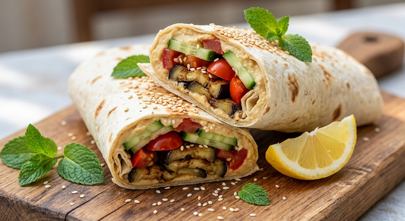 Лавашные роллы с хумусом и пряным баклажаном 🫙🍅