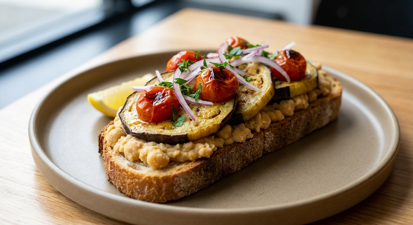 Тосты с хумусом, печёными томатами и баклажаном 🥖🍅