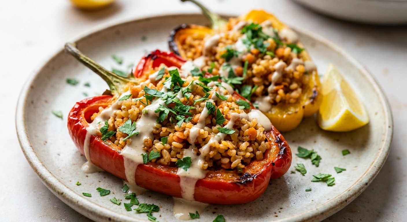 Печёные перцы, фаршированные булгуром и чечевицей 🌶️