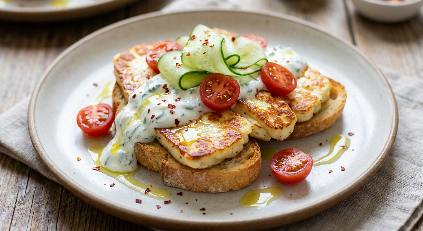 Халуми-тост с томатами и мятным йогуртом 🧀🍅