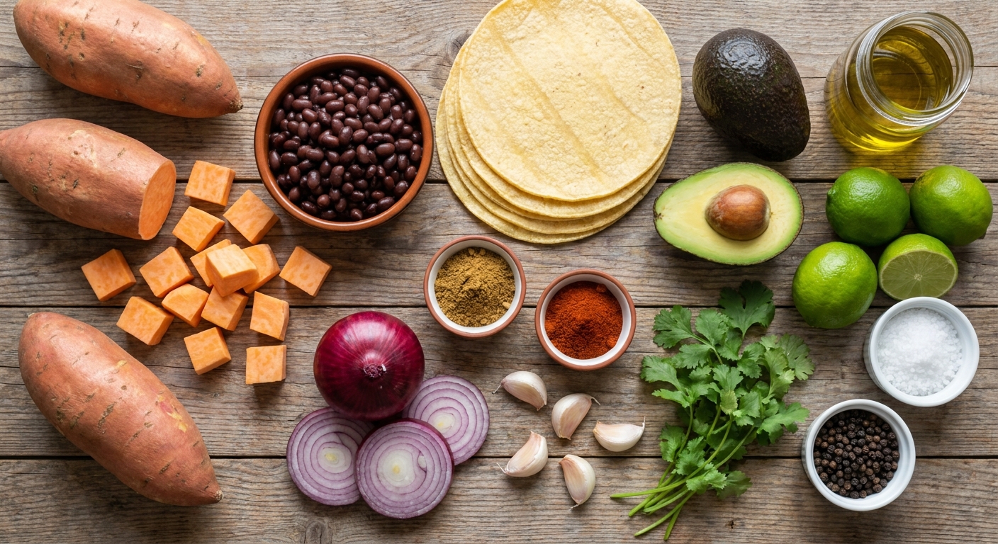 Бататные тако с чёрной фасолью и авокадо 🌮