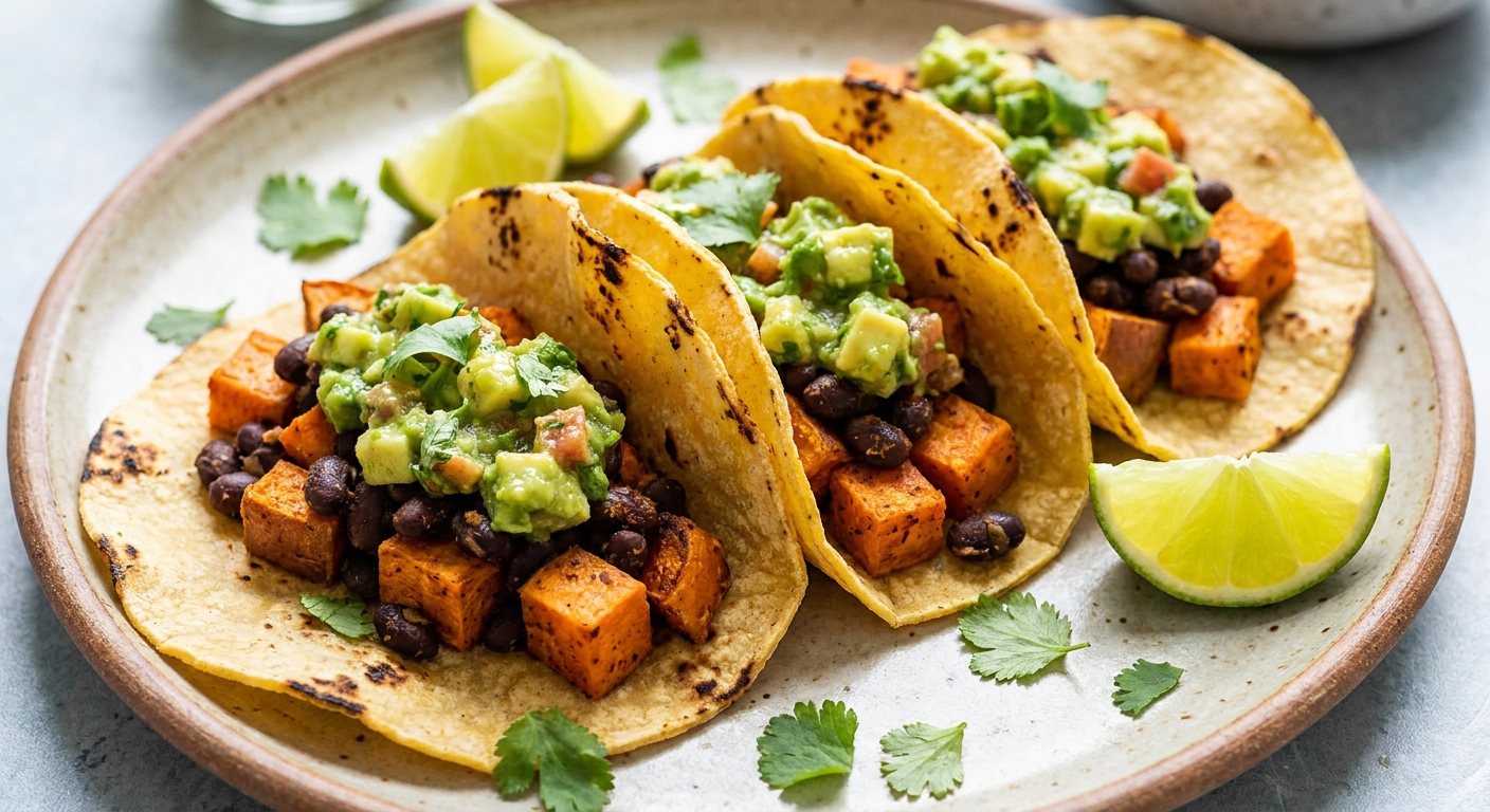 Бататные тако с чёрной фасолью и авокадо 🌮