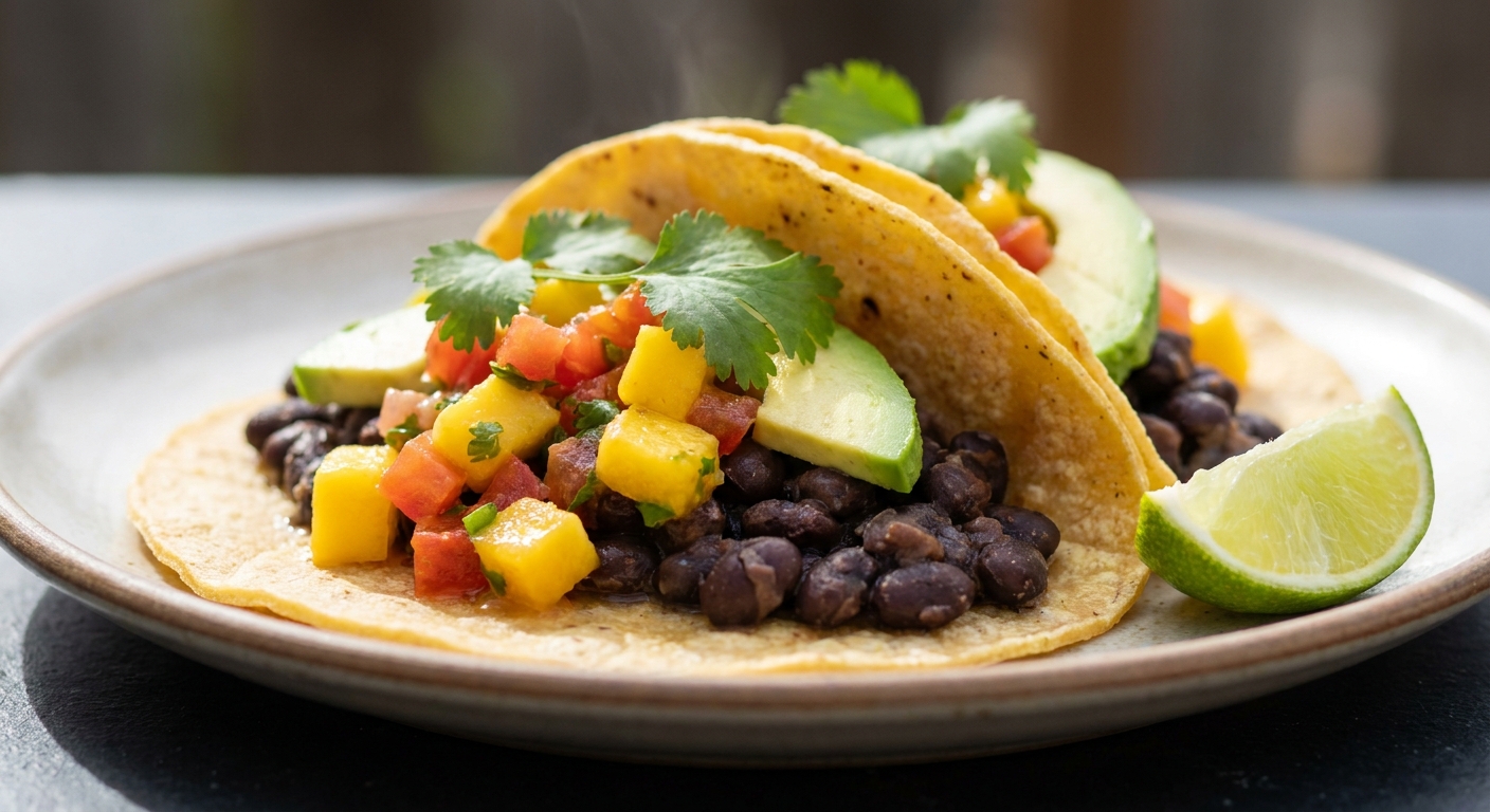 Тако с тёплой чёрной фасолью и манго 🌮🥭