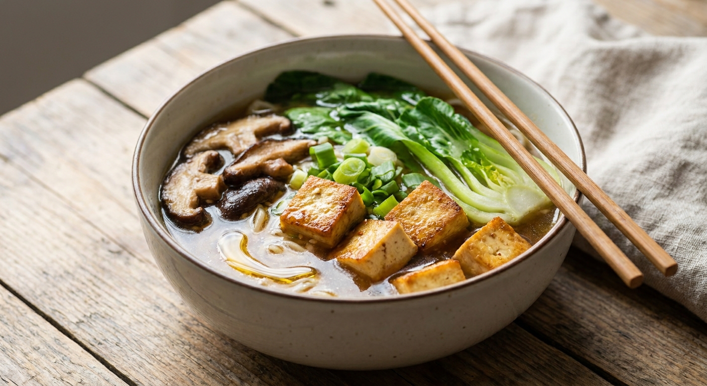 Лапша с тофу и шиитаке в пикантном мисо-чесночном бульоне 🍜
