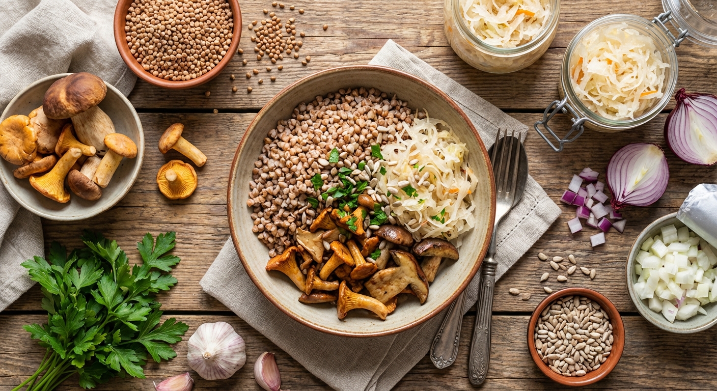 Тёплый гречневый салат с грибами и квашеной капустой 🥣🍄