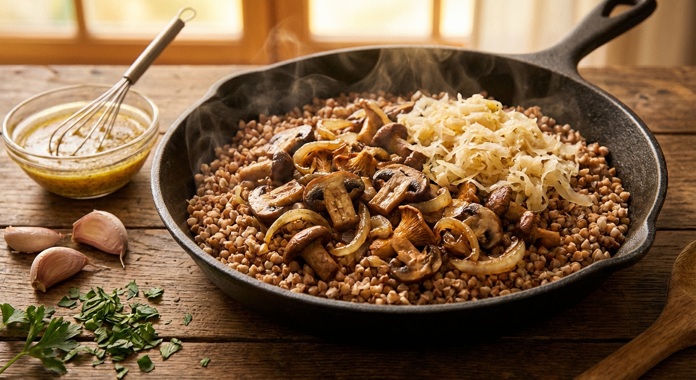 Тёплый гречневый салат с грибами и квашеной капустой 🥣🍄 — фото 2