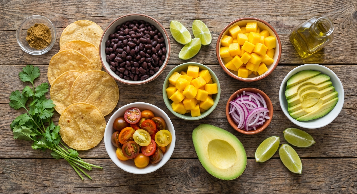 Мини-тостадас с манго и чёрной фасолью 🌮🥭